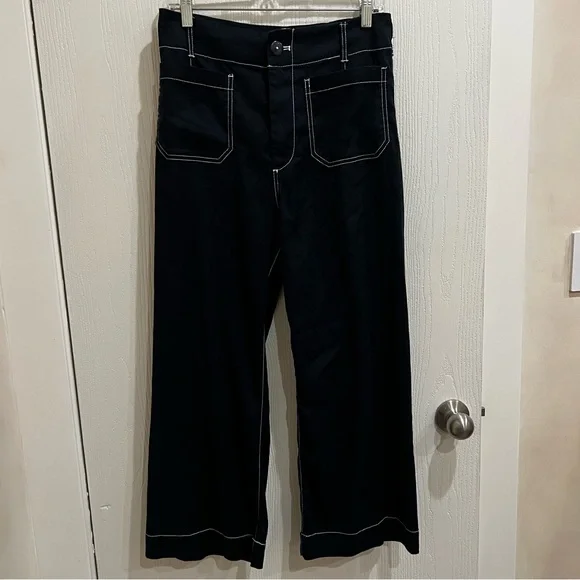 Anthropologie Maeve The Colette Contrast Stitch Linen Crop Wide Leg Pants - Picture 4 of 8